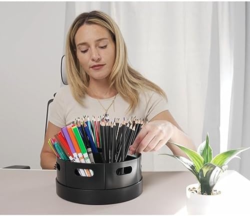 Black Rotating Desk Organizer with Dividers Lazy Susan Caddies for Home School Office Supplies, Pens, Markers and Art Supplies for Classroom