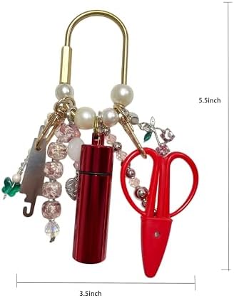 MEYAGO Needlepoint Bag Charm Tool Kit with Mini Embroidery Scissors, Needle Threader, Needle Holder Tube & Gold Keyring, Portable Embroidery Accessories for Cross Stitch Sewing DIY Crafts (Red)