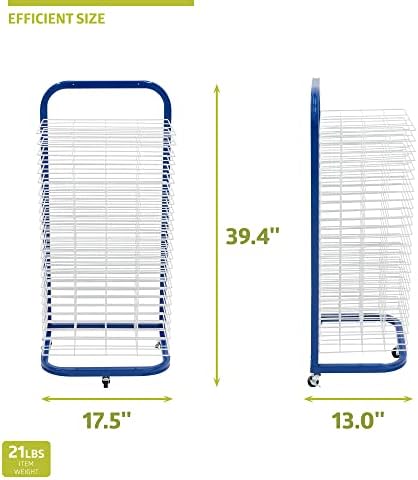 Pearington 25-Shelf Mobile/Wall Mountable Art Drying Rack for Art Studios & Classrooms, 13" D x 17.5" W x 39.4" H, Blue/White