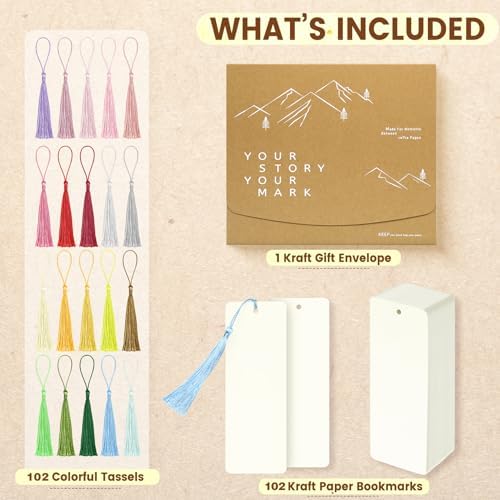 102 pcs Blank Bookmarks with Colorful Tassels – 350gsm Cardstock Bookmark Blanks for DIY Crafts, Holiday Gift Tags, Classroom Projects & Reading Rewards – 5.5 x 2 inch Bookmark Kit (Ivory White)