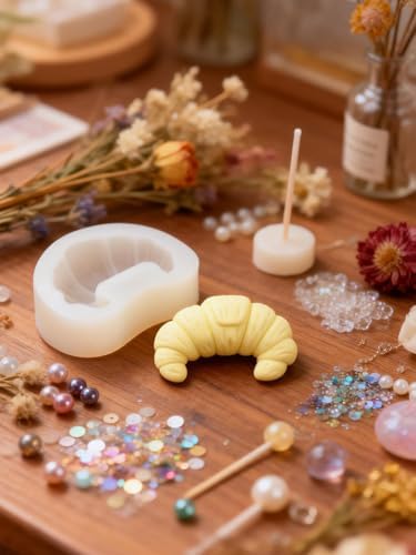 3D Croissant Silicone Mold, Non-Stick Food Shape Candle Molds for Chocolate, Resin, Soap | Cute Bread Fondant Molds for Baking Baby Shower & Birthday Party DIY Crafts (Croissant B)