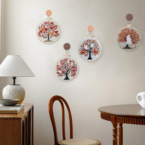 LB 4-Pack Halloween Ghost Embroidery Kit for Beginners: Orange Fall Tree Cross Stitch Kit | Adults DIY Starter Kit Includes Embroidery Hoop, Colorful Threads, Tools and Instructions