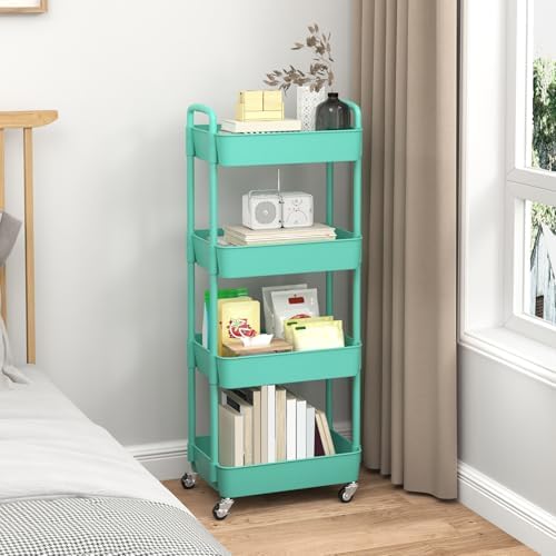 Sywhitta 4-Tier Plastic Rolling Utility Cart with Wheels for Storage,Green