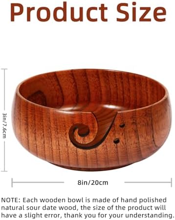 Wooden Yarn Bowl, 8" x 3" Knitting Tool with Holes, Handmade Rounded Edge for Crocheting, Storage Holder for DIY Sewing Supplies
