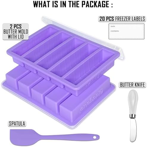 Silicone Butter Molds with Spatula and Lid, Non-Stick Butter Tray with Butter Knife, Reinforced Steel Frame Inside, Perfect for Making 5 Standard 8 Tbsp Butter Sticks, Energy Bar, 2 Pcs