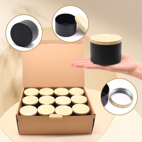 24-Pack 8oz Candle Tins with Wood-Grain Printing Lids, Metal Candle Jars for Candle Making, Empty Containers Vessels Bulk for Small Business & Beginners DIY Storage -Wood Black