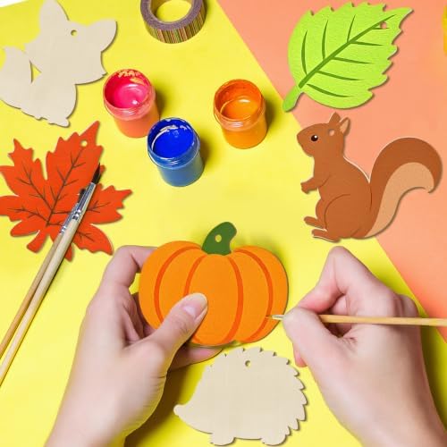 80PCS Wooden Fall Ornaments to Paint Thanksgiving Decorations, 10 Styles DIY Blank Autumn Unfinished Wood Maple Leaves Turkey Pumpkin Halloween Cutouts Ornament for Crafts Birthday Party Gifts Hanging