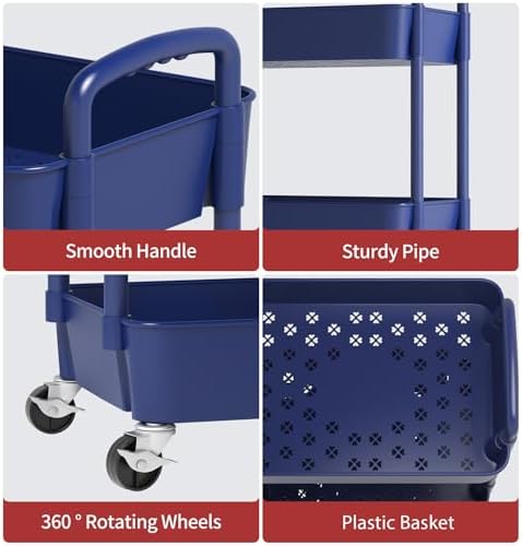 Sywhitta 3-Tier Plastic Rolling Utility Cart with Wheels for Storage,Blue