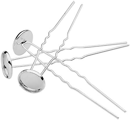 10 Pcs U Shape Hairpins Silver Round Bezel Tray Blank Hair Pins DIY Hair Pins Supplies for Jewelry Making