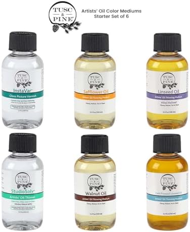 Tusc & Pine Oil Medium Sampler Set of 6 - 3.4oz Bottles, Linseed, Walnut, Safflower, Paint Thinner and Gloss Varnish, Non-Yellowing, Travel-Friendly, Made in USA