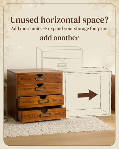Modular Stackable Apothecary Cabinet 4 Drawer Desk Organizer - Retro Library Card Catalog Wood Storage Box - Organize Stationery, Thread Embroidery, Sewing, Crafts, Junk Drawer & Supplies Countertop