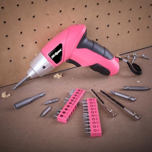 Hi-Spec Small Electric Screwdriver, Mini Drill Set, Rechargeable 3.6V Cordless Screwdriver with 26 Driver Bits, Power Tool for Small Projects & Home Use, Pink | 27pc, Speeds furniture assembly, comfortable cordless control, LED work light, USB charging...