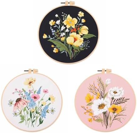 Silentsea 3 Embroidery Kits-Beginner Collection, Includes All Needed 3 Plastic Hoops, 3 Embroidery Fabrics with Patterns, Threads, Needles, and More.