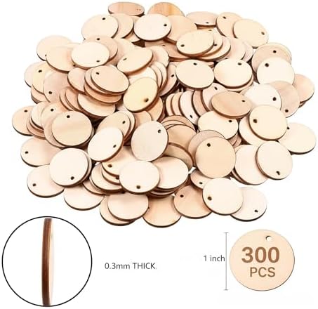 300 Pcs Unfinished Wood Circle Pendants Round Disc Blank Natural Wooden Ornaments for Decoration DIY Craft Art Supplies (Round 1 x 1 x 0.12 inches)