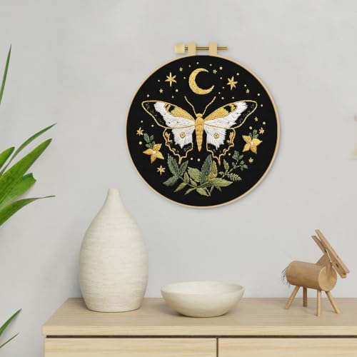ERKOON Embroidery Kit for Beginners Adult Cross Stitch Set Include Embroidery Cloth Hoop Threads for Craft Lover Hand Stitch with Embroidery Skill Techniques (Moon Butterfly)