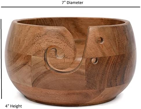 EDHAS Acacia Wood Yarn Bowl Holder | Handmade Holder with Holes | Yarn/Wool/String Storage Accessory (7" x 7" x 4")