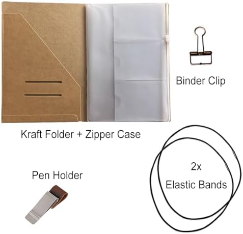 A5 Travelers Notebook Accessories Kit - Kraft File Folder, Zipper Case, Pen Holder, Binder Clip and 2 Elastic Bands