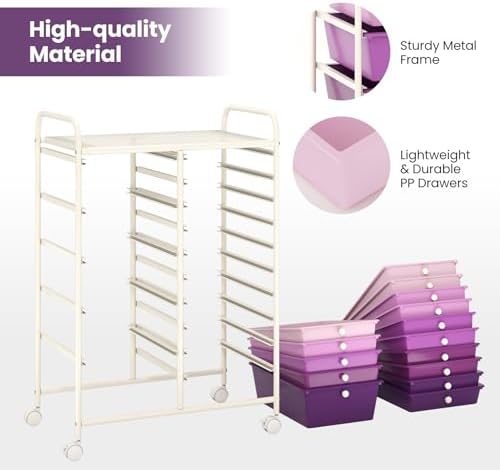 Giantex 15 Drawers Rolling Cart, Classroom Organizers, Storage Cart with Wheels, for Teacher Office Home School Supplies Tool Craft Art Paper, Purple Gradient
