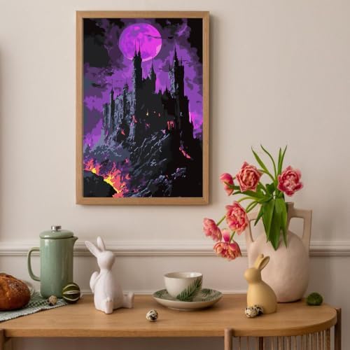 Auremi Halloween Night Paint by Number Kits with Framed, DIY Castle Paint by Number Canvas for Adults, Easy Acrylic in Canvas with Brushes for Decor 20x30cm