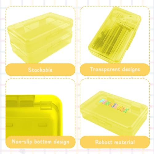 Yellow Pencil Case Box Plastic Aesthetic Hard Pencil Case with Stickers Stackable Storage Box for Girls Boys Big Capacity 1 Pack for Pens School Stylish Office Supplies Storage Organizer Boxs Medium
