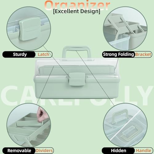 TERGOO 14in 3-Layer Multipurpose Craft Organizers and Storage with Adjustable Dividers, Portable Tackle Box, Folding Art & Craft Case for Medicine, Tool, Sewing Organizer (Haze Green, X-Large)