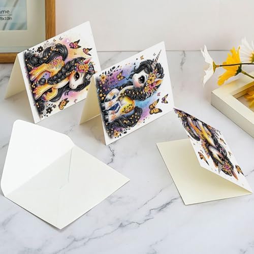 6 Pcs 5D Diamond Painting Greeting Cards Kits with Envelopes, DIY Rhinestone Diamond Art Cards, Unicorn Design with Laser Effect Handmade Festival Greeting Card for Birthday, Celebration and Party