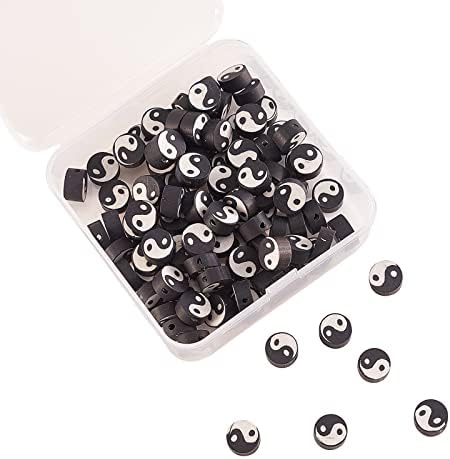 Airssory 100 Pcs Black and White Manmade Polymer Clay Soft Beads Flat Round with Taiji Ying Yang Sign Loose Bead Spacer for Lucky Jewelry Making