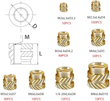 Heat Set Thread Inserts 380pcs Boxed with M2 M2.5 M3 M4 M5 M6(1/4) M8 Insert Tips for 3D Printing Components and Plastic Parts-Brass Metric Knurled Nuts