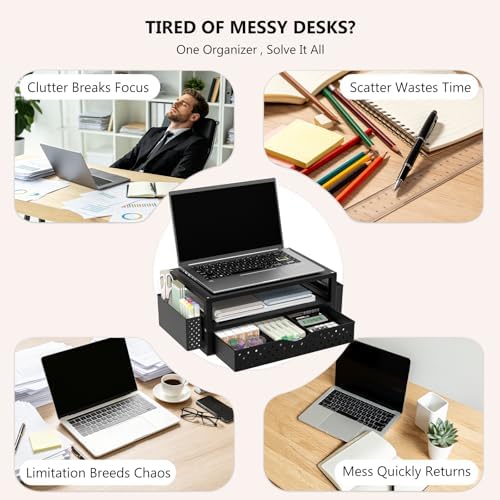 WALI Desk Organizer with Drawer and Pen Holder, 3 Tier Computer Monitor Stand for Home Office Supplies, Laptop Stand Riser for Computer, Laptop, Printer(PTT004-B), 1 Pack, Black