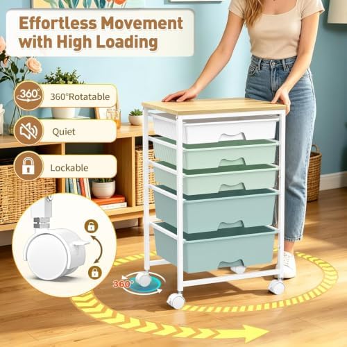 SUNALLY Rolling Carts With 5 Drawers, Storage Drawer Carts for Craft, Green | Rolling Utility Cart with Wooden Tabletop & 2 Lockable Wheels, Teacher Storage Cart for Classroom School, Makeup, Nail, Art