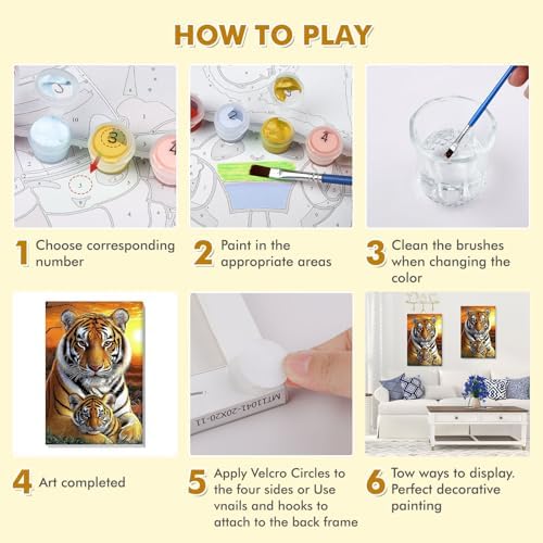 Bowetile Framed Paint by Numbers Tiger for Adults Beginners, Adults' Paint-by-Number Tiger Kits, Easy Adult Paint by Number Kits on Canvas, Acrylic Animals Number Painting for Home Decor, 8x12in