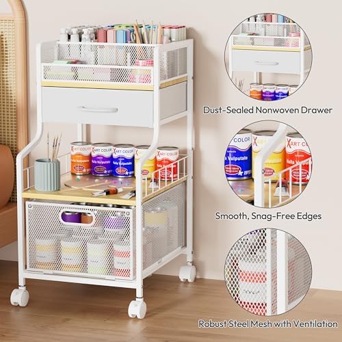 SWTYMIKI Under Desk Storage Cart- Art Storage Cart with Drawers & DIY Divider - Office Cart Organizer Under Desk Shelf, Craft Rolling Cart for Office, Craft Room & Studio White