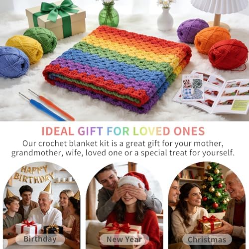 HUYEIOBGD Crochet Blanket Kit for Beginners – Easy Crochet Starter Kit for Adults & Kids, Colorful Rainbow Stripe Yarn, Complete Crochet Supplies with Step-by-Step Video Instructions