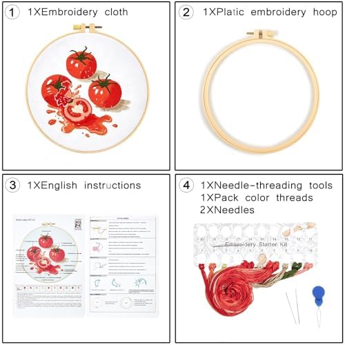 Tomato Embroidery Kits for Beginners Adults, Hand Embroidery Starter Kit, Cross Stitch Kits for Beginners DIY Craft Kits for Adults Women, Entire Set of Embroidery Supplies【Full-length Video Tutorial】
