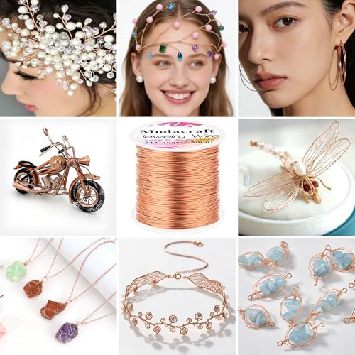 Modacraft 24 Gauge Copper Wire for Jewelry Making - 214FT/0.5mm Tarnish-Resistant Craft Wire with Multi-Functional Pliers - Perfect for DIY Jewelry, Wire Wrapping, Gardening, and Artistic Projects