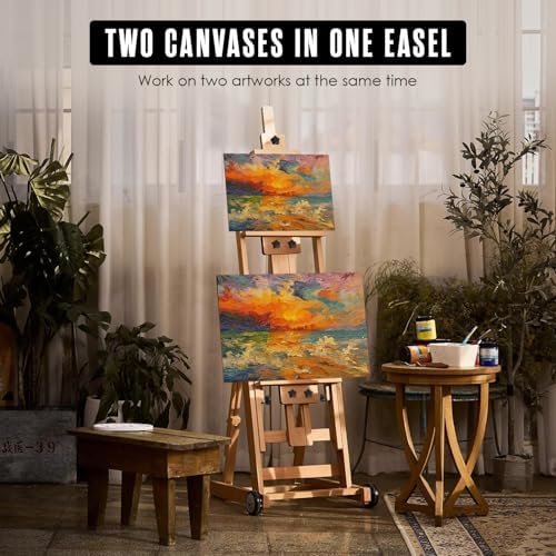 Easel for Painting, H Frame Easel, Painting Stand, Studio, Fits 80” Canvas | Houseables for Large Canvas, Floor Standing, Adjustable, Tilt Flat, Rolling Wheels, Wood, Adults, Painters, Arts & Crafts