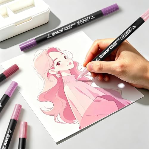 ZSCM 12 Pink Acrylic Paint Markers, Dual Fine & Brush Tip Acrylic Pens