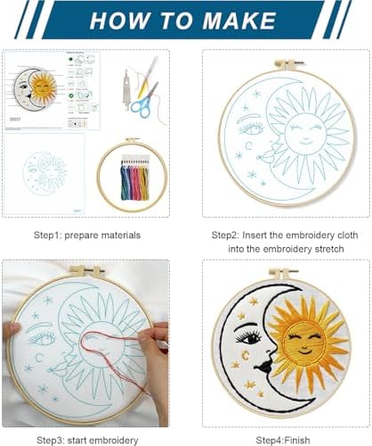 Zhenqing Celestial Embroidery Kit for Beginners, 3-Piece Moon Sun Snake Eye Needlework Set with Pre-Printed Fabric, Hoop, Threads & Tools (C0157)