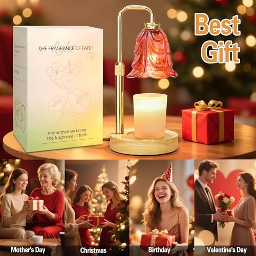 XJZJY Red Flower Candle Warmer Lamp with Timer, Birthday Gifts for Women | Dimmable wax melt warmer with 2 bulbs for jar candles, height adjustable, Red tulip design, home decor, housewarming gifts