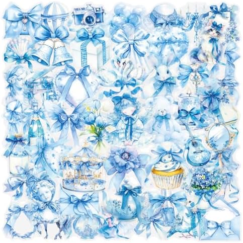 50pcs Transparent Blue Bow Sticker, Vinyl Cute Aesthetic Bows Stickers for Water Bottle Scrapbook Laptop Luggage Helmet Bike Skateboard,Waterproof Funny Trendy Decals for Teens Girls Women (Bowknot)