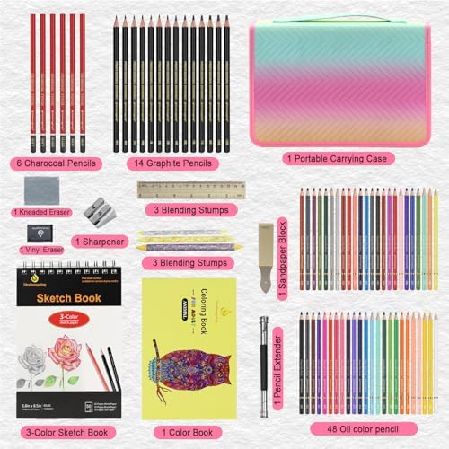 80pcs Drawing Kit Sketching Set Art Sketch Supplies Coloring pencils Kit 48 Colored pencil,14 Graphit, 6 Charcoal, 50 Page 3-Color sketckbook coloring book Portable Case ect. Beginners Artists Adults