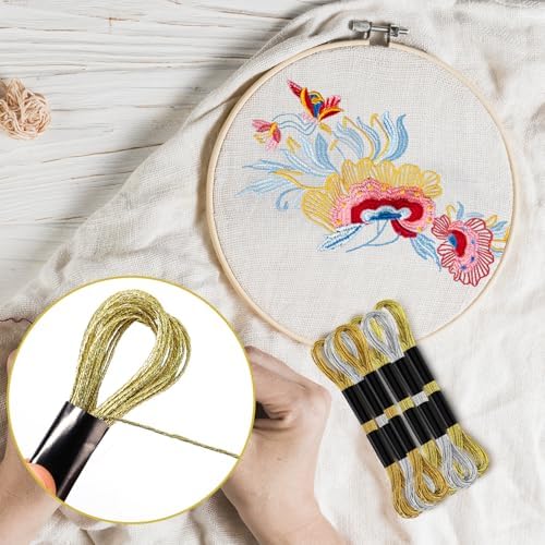 6 Skeins Metallic Embroidery Threads (Gold+Light Gold+Silver)