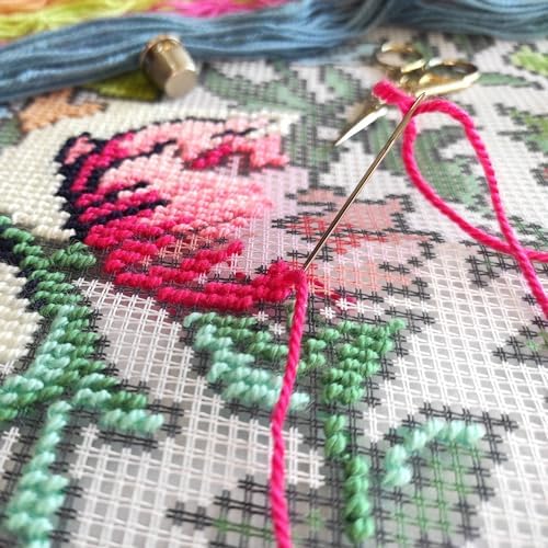 Brvsk Floral Embroidery Kit for Adults and Beginners — Derwent by John Henry Dearle 16″ × 16″ with Clear, Precise Printed Design on Cotton Canvas; Includes 2 Needles, Yarn, and Easy-Read Chart