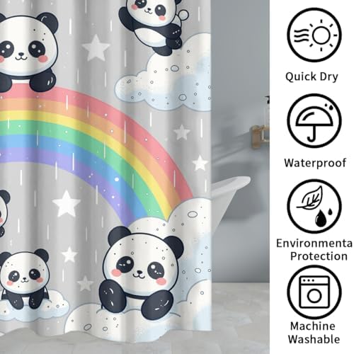Funny Kawaii Baby Animal Panda Shower Curtain Sets 4 Piece,Watercolor Colorful Rainbow Clouds Bathroom Decor Sets with Rugs,Cartoon Panda Bears Waterproof Toilet Lid Cover Bath Mat
