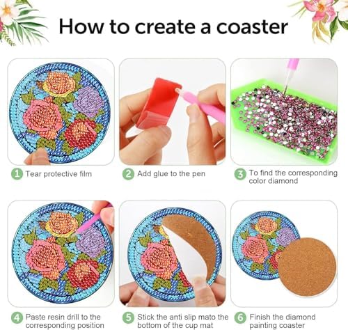 Meothan 8 Pcs Flowers Diamond Art Coasters Kit for Adults with Holder 4x4in