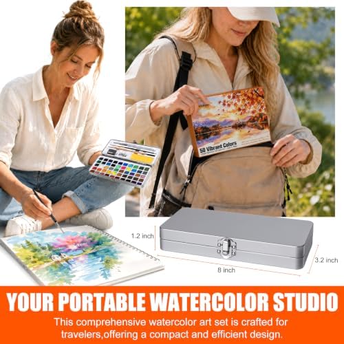 50 Colors Watercolor Paint Set – All in One Painting Supplies with Mixing Palette & Water Brushes – Travel Water Color Set for Adults, Painting Sets, Art Supplies for Painting – Art and Painting Supplies - Gift Idea