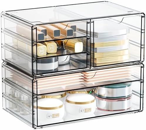 Yieach 2 Pack Acrylic Drawer Organizer With 6 Drawers,Stackable 11.1” Large Clear Storage Drawers and Makeup Organizer For Vanity,Bathroom Countertop,Cabinet,Pantry,Office Supply Storage Bins Drawers