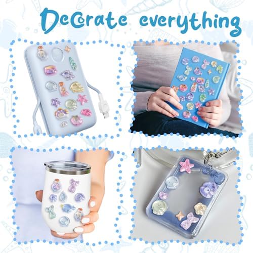 Cute Stickers Blue Ocean Theme Puff Stickers with Glitter Kawaii, Jellyfish, Conch, Shell, Small Fish 3D Puffy for Scrapbooks Planner Journals Laptops Phone Case Decoration Laptops Phone Case DIY