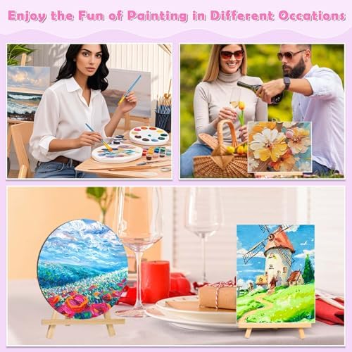 Date Night Painting Kit, 62 Pcs Detail Paint Brushes Canvas Panels with Wood Easel 12 Colors Acrylic Paint, Circular Canvas Art Aprons Sip and Paint Supplies for Adults and Beginner
