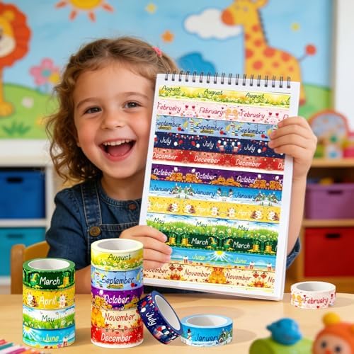 Whaline 12 Rolls Holiday Monthly Washi Tape Seasonal Masking Tape Set 12 Months of The Year Decorative Wrapping Paper Tapes Boxed for Scrapbook Journal DIY Crafts